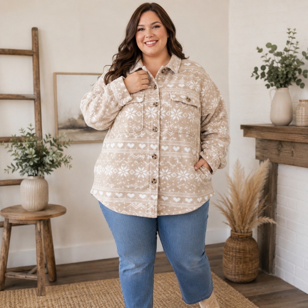 I Believe Womens Tan White Fair Isle Heart Fleece Shacket Button Down 2XL NEW